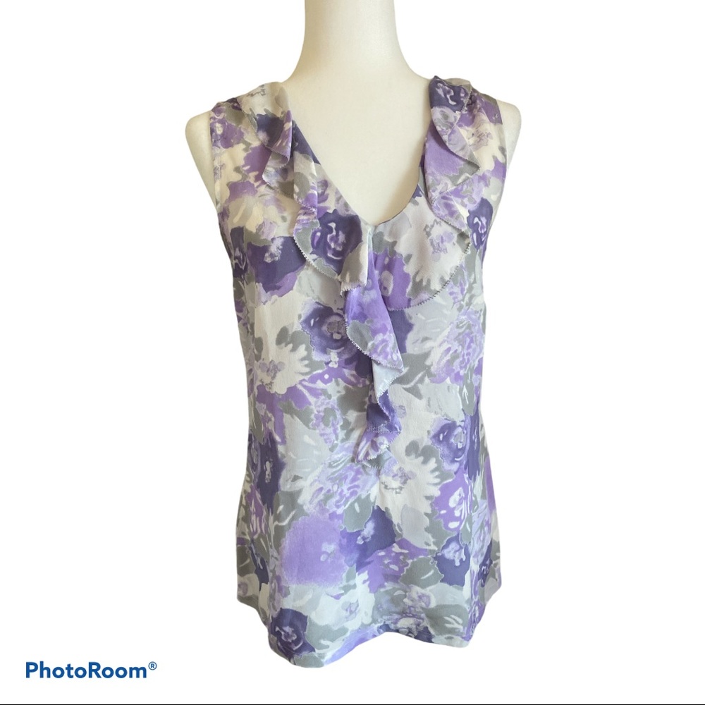 HALOGEN 100% Silk Blouse Purple Floral Ruffle Detail Sleeveless Side Zip Small